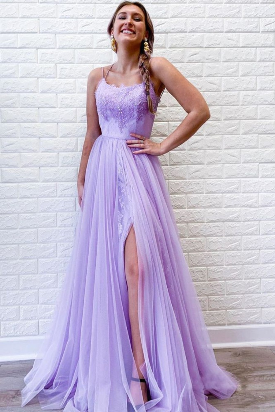 Homrain Light Purple Tulle Prom Dress With Lace | Purple Prom Dresses