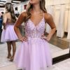 Homrain Glitter Corset A-Line Tulle Short Homecoming Dress With Lace | Purple Hoco Dresses