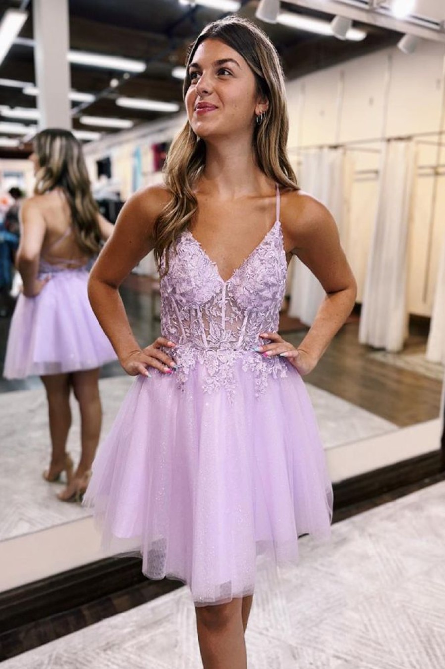 Homrain Glitter Corset A-Line Tulle Short Homecoming Dress With Lace | Purple Hoco Dresses