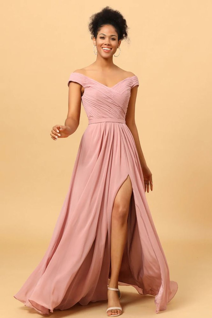 Homrain Ruffles Chiffon Pink Bridesmaid Dress With Slit | Bridesmaid Dress Under 100