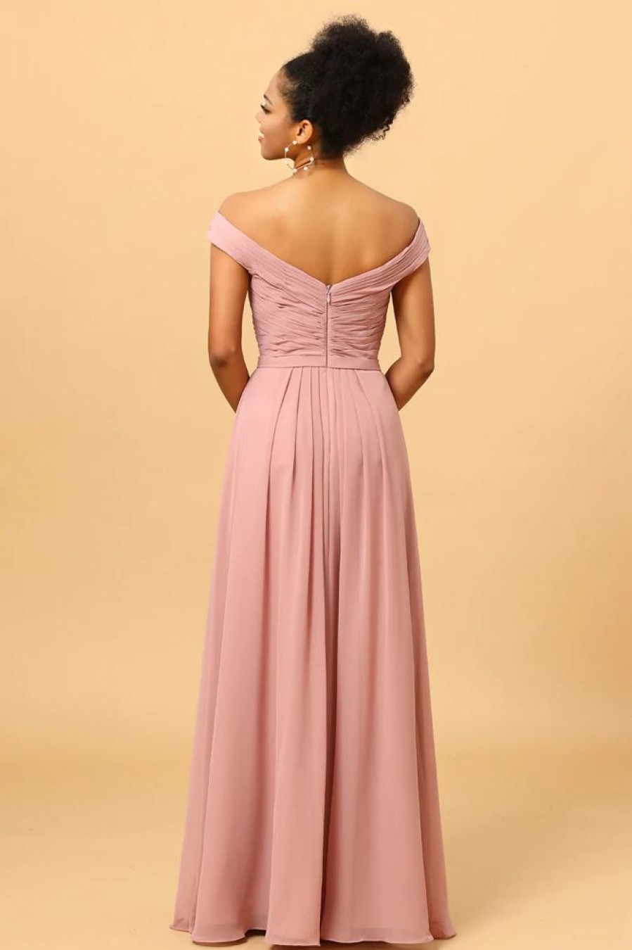 Homrain Ruffles Chiffon Pink Bridesmaid Dress With Slit | Bridesmaid Dress Under 100