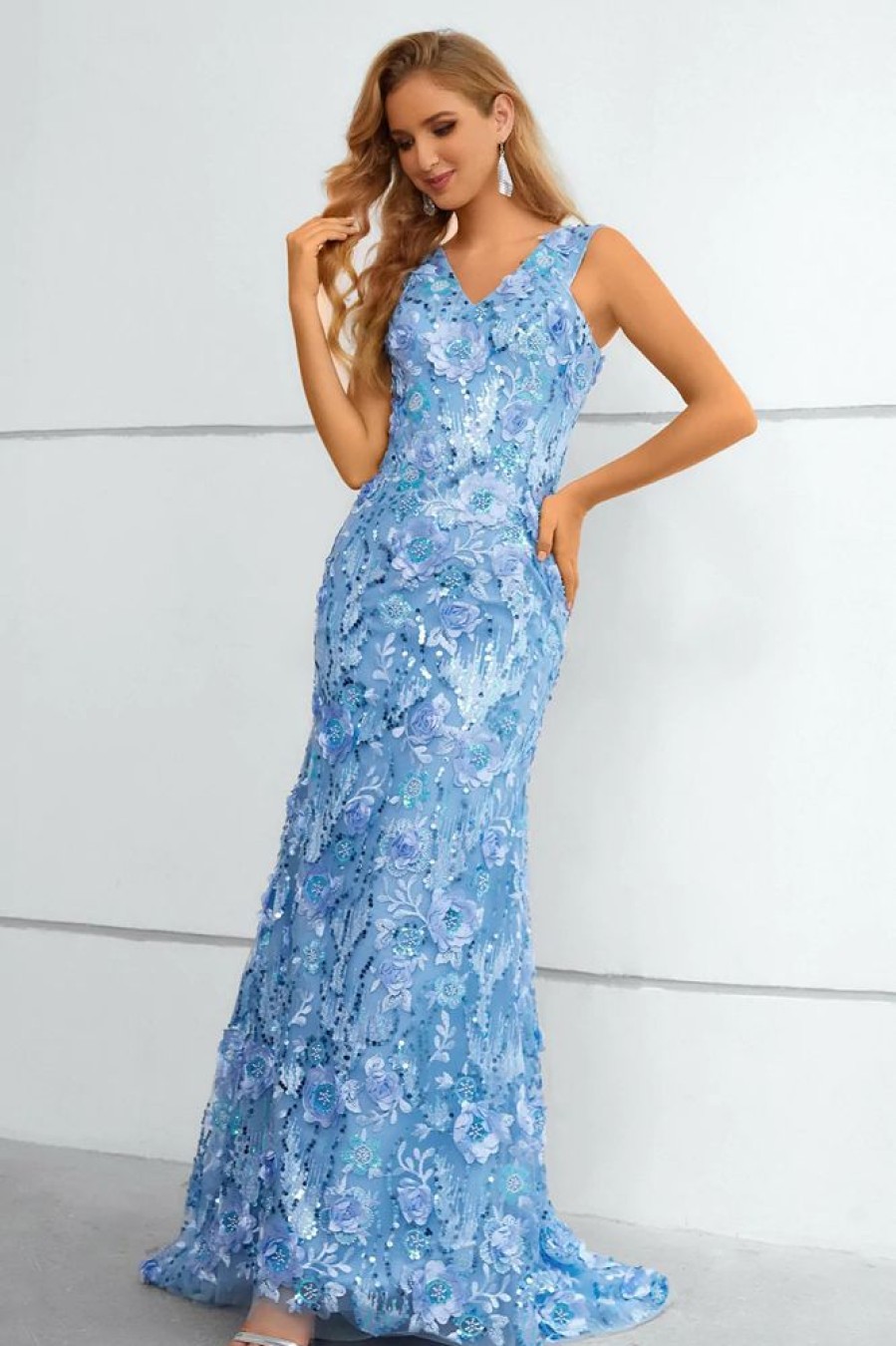 Homrain V-Neck Mermaid Prom Dress With Flowers And Appliques | Blue Prom Dresses