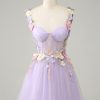 Homrain Spaghetti Straps Tulle Homecoming Dress With 3D Flowers | Purple Hoco Dresses