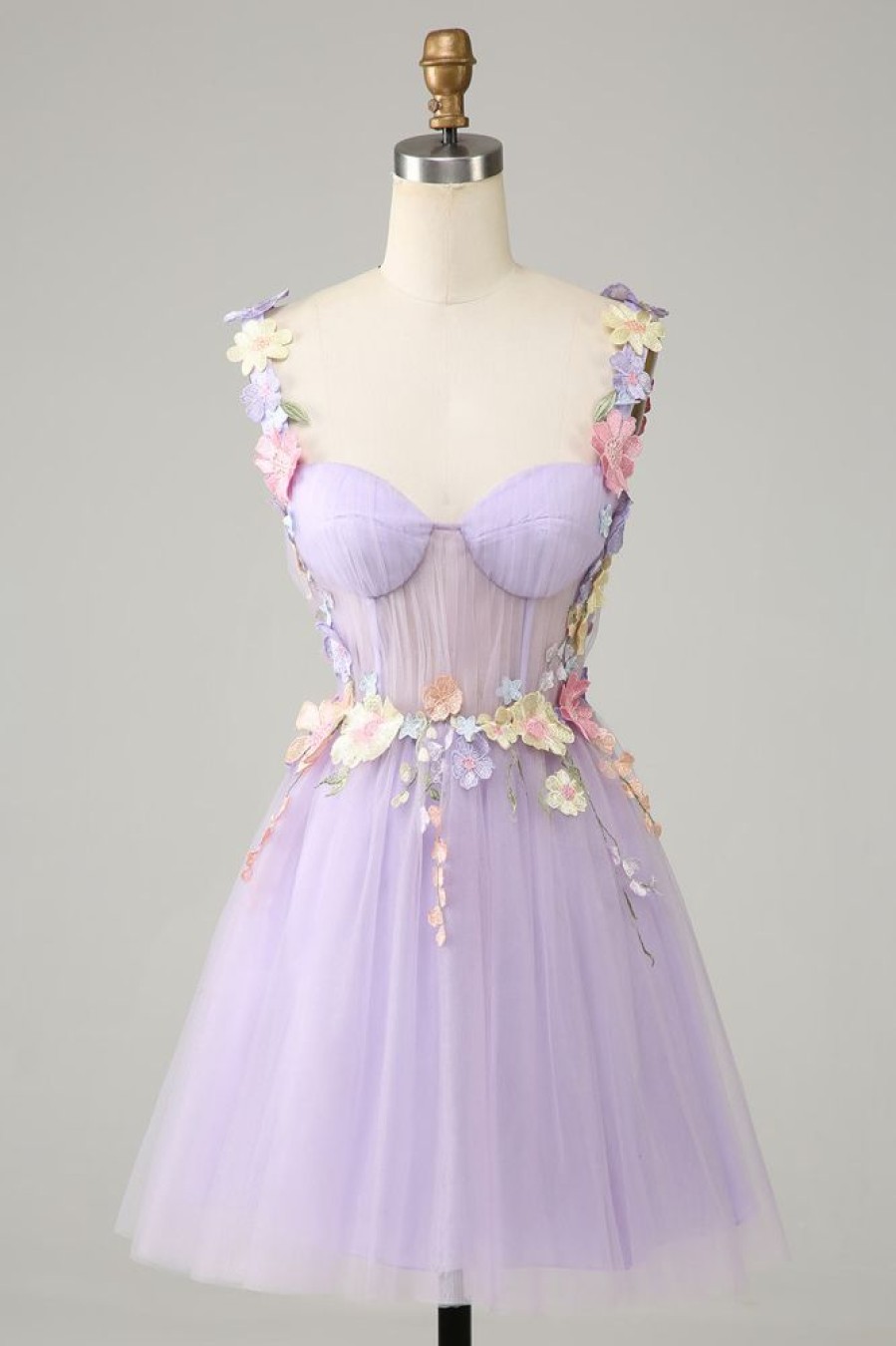 Homrain Spaghetti Straps Tulle Homecoming Dress With 3D Flowers | Purple Hoco Dresses