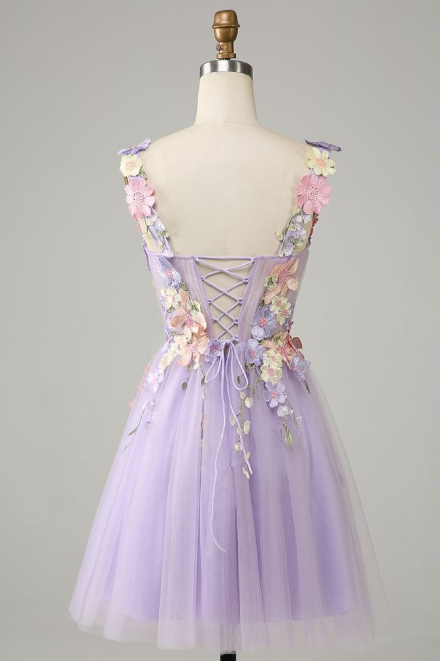 Homrain Spaghetti Straps Tulle Homecoming Dress With 3D Flowers | Purple Hoco Dresses