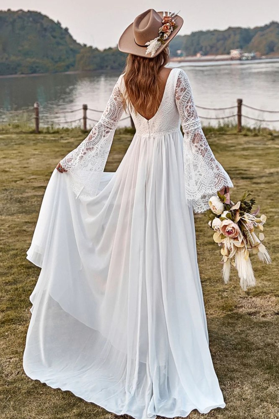 Homrain Lace Chiffon Trumpet Sleeve Boho Wedding Dress | Simple Wedding Dresses