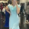 Homrain Feathered Neck Mermaid Long Prom Dress With Slit | Blue Prom Dresses