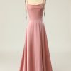 Homrain Spaghetti Straps Long Prom Dress With Bowknot | Dusty Rose Bridesmaid Dress