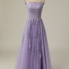 Homrain A Line Strapless Light Purple Long Prom Dress With Appliques | Purple Prom Dresses