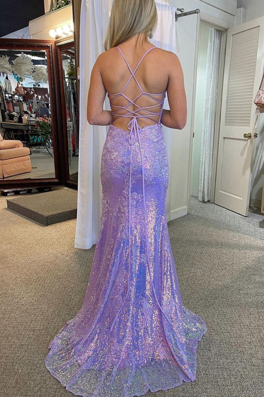 Homrain Lavender Sequin Mermaid Prom Dress With Appliques | Purple Prom Dresses