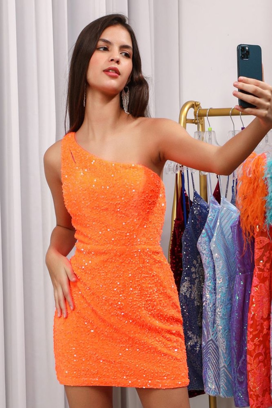 Homrain Sparkly Cut Out Open Back One Shoulder Sequins Tight Homecoming Dress | Orange Prom Dresses