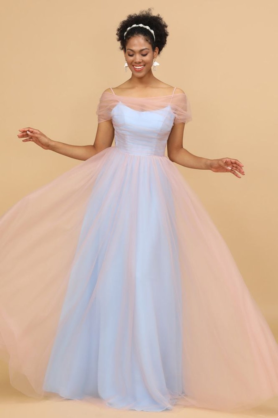 Homrain A Line Spaghetti Straps Pink&Blue Tulle Long Bridesmaid Dress | Bridesmaid Dress Under 100