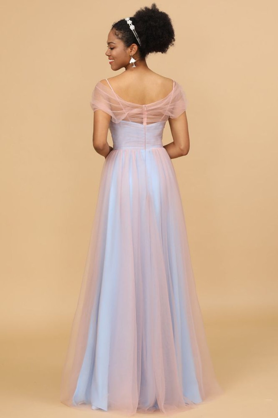 Homrain A Line Spaghetti Straps Pink&Blue Tulle Long Bridesmaid Dress | Bridesmaid Dress Under 100