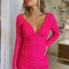 Homrain Sparkly Sequins Long Sleeves Backless Tight Short Homecoming Dress | Hot Pink Hoco Dresses