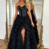 Homrain Corset Sweetheart A-Line Tiered Long Tulle Prom Dress With Slit | Black Prom Dresses