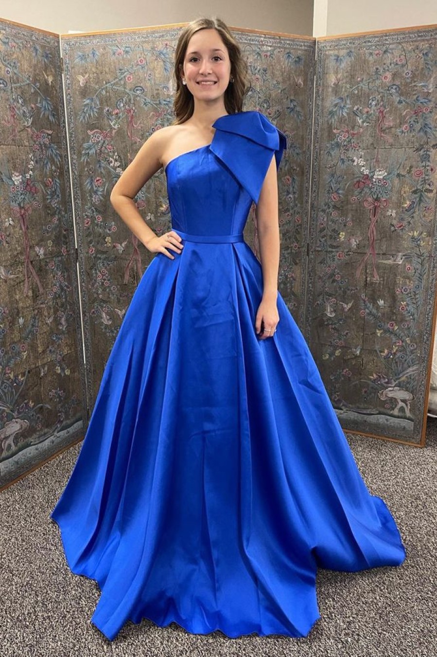 Homrain A Line One Shoulder Long Prom Dress With Bowknot | Blue Prom Dresses