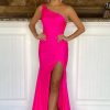 Homrain One Shoulder Hot Prom Dress With Slit | Hot Pink Prom Dresses