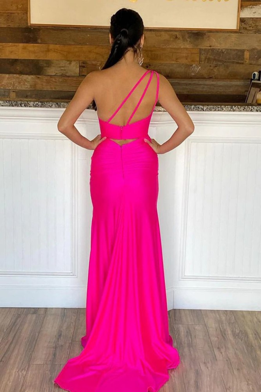 Homrain One Shoulder Hot Prom Dress With Slit | Hot Pink Prom Dresses