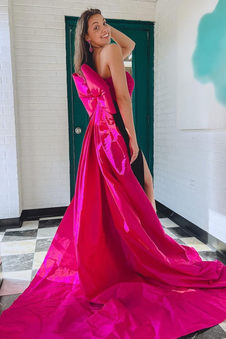 Homrain Patchwork Strapless Mermaid Long Prom Dress With Back Bowknot | Hot Pink Prom Dresses