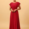 Homrain Chiffon Bridesmaid Dress With Ruffles Sleeves | Burgundy Bridesmaid Dress