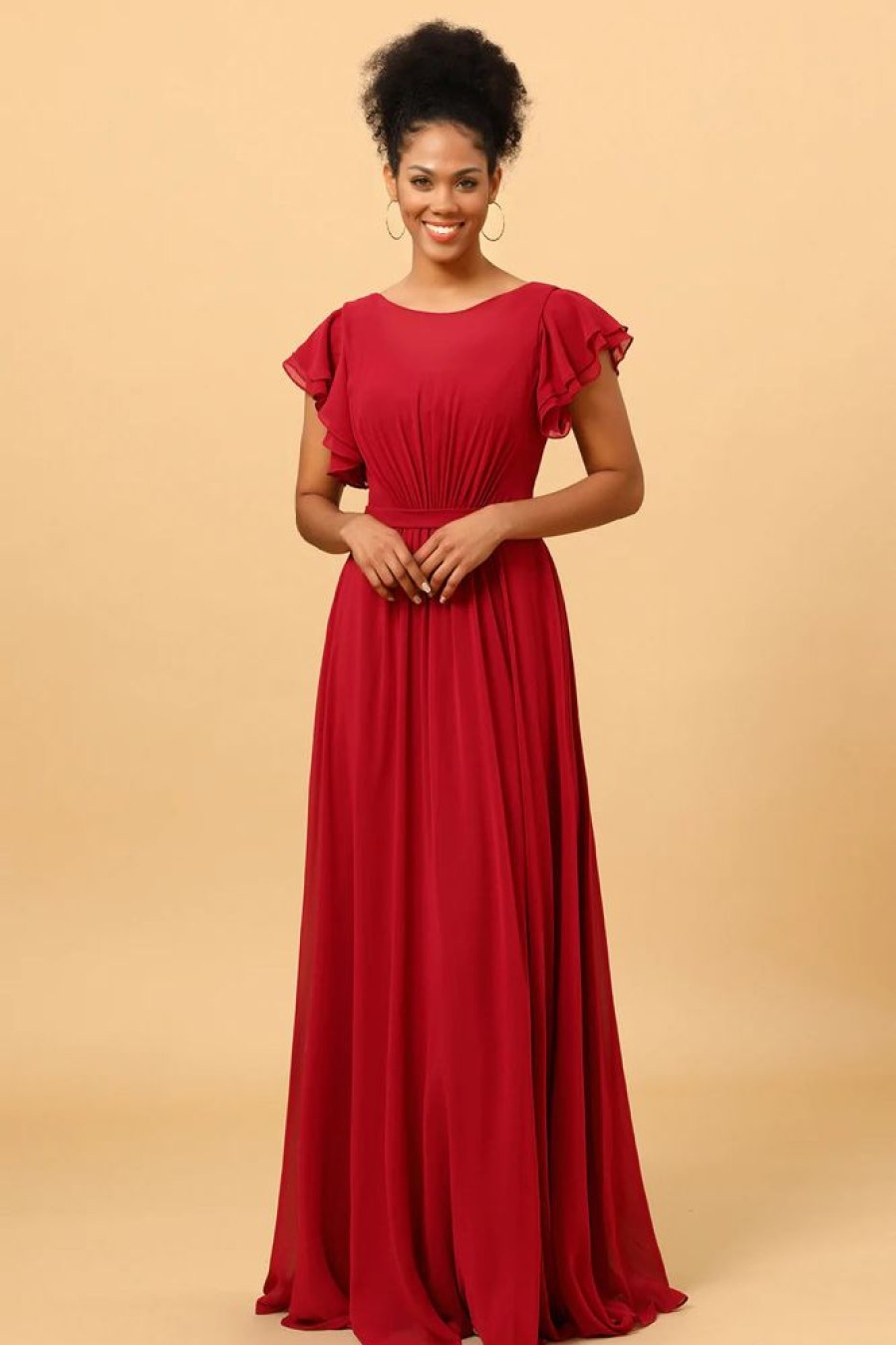 Homrain Chiffon Bridesmaid Dress With Ruffles Sleeves | Burgundy Bridesmaid Dress