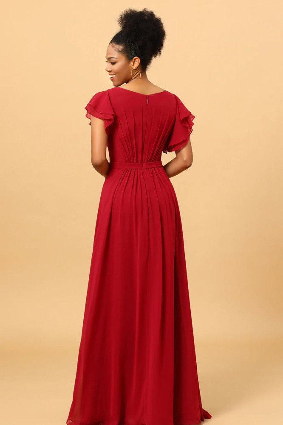 Homrain Chiffon Bridesmaid Dress With Ruffles Sleeves | Burgundy Bridesmaid Dress