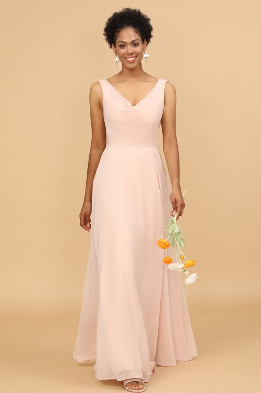 Homrain A Line V Neck Chiffon Long Bridesmaid Dress | Dusty Rose Bridesmaid Dress