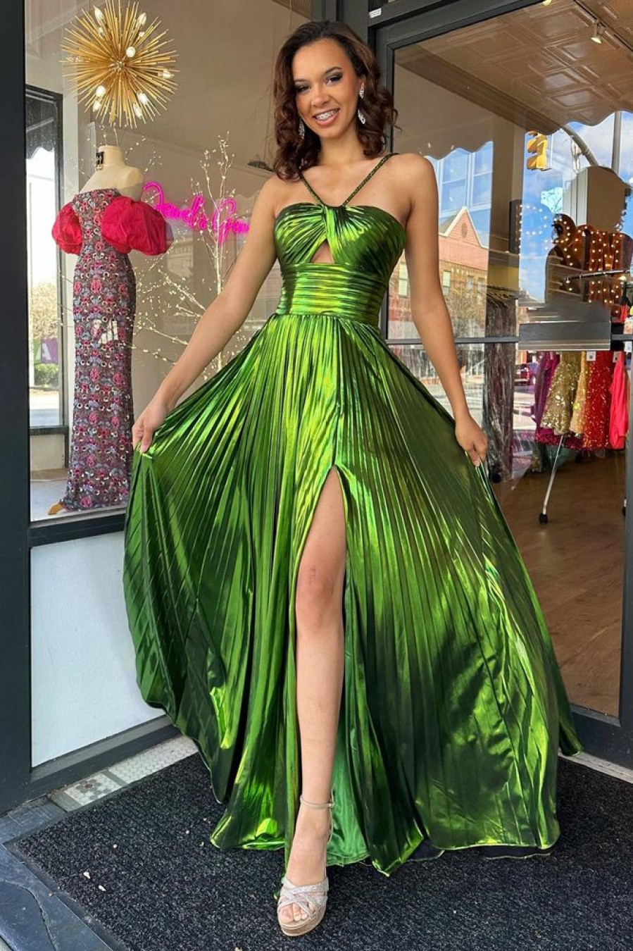 Homrain Glitter A Line Backless Long Prom Dress With Slit | Green Prom Dresses