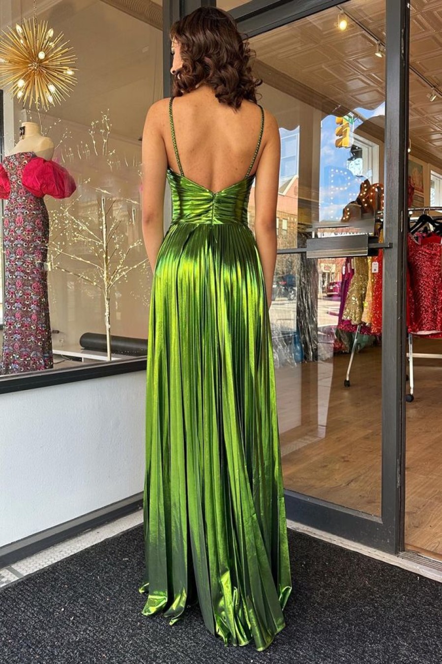 Homrain Glitter A Line Backless Long Prom Dress With Slit | Green Prom Dresses