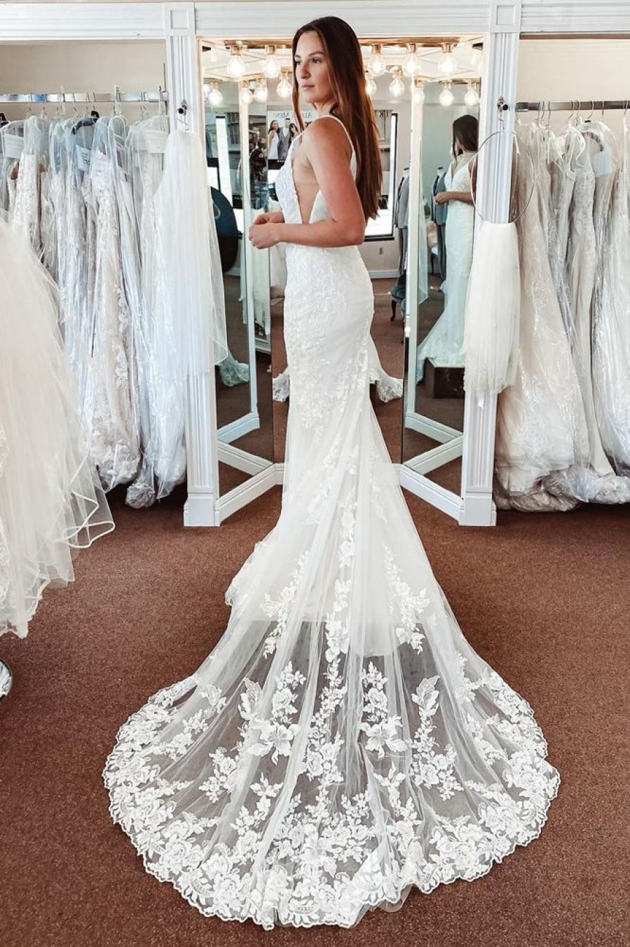 Homrain Lace Mermaid Backless Long Wedding Dress | Mermaid Wedding Dresses