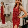 Homrain Sequins V-Neck Backless Prom Dress With Slit | Red Prom Dresses