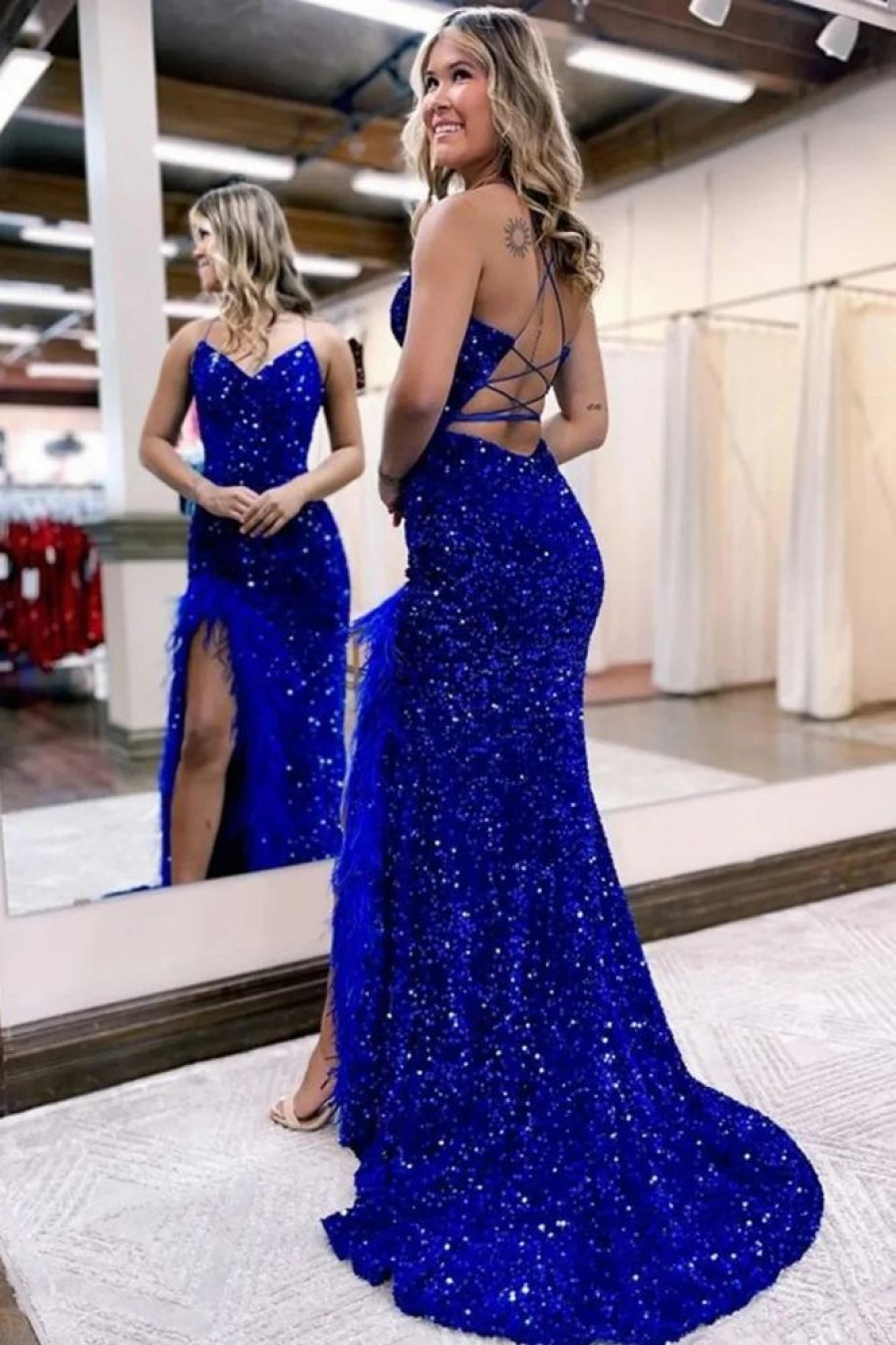 Homrain Sparkly Sequins Long Mermaid Prom Dress With Feathers | Blue Prom Dresses