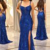 Homrain Sparkly Mermaid Long Corset Prom Dress With Slit | Blue Prom Dresses