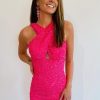 Homrain Halter Sleeveless Sequined Homecoming Dress | Hot Pink Hoco Dresses