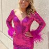 Homrain Sparkly Sequined Long Sleeves Tight Short Homecoming Dress With Feathers | Hot Pink Hoco Dresses