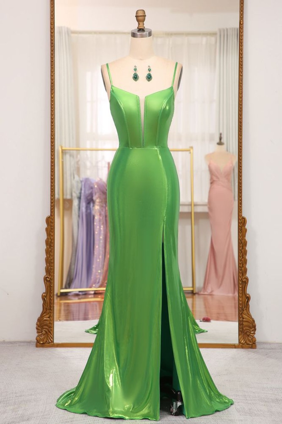 Homrain Bright Mermaid Spaghetti Straps Long Prom Dress With Slit | Green Prom Dresses