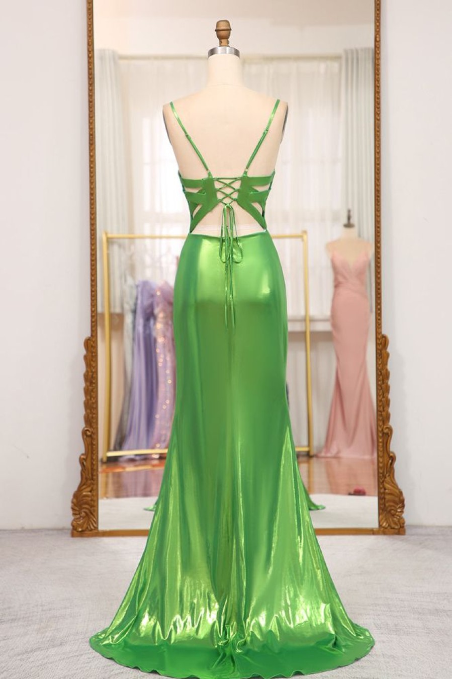 Homrain Bright Mermaid Spaghetti Straps Long Prom Dress With Slit | Green Prom Dresses