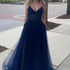 Homrain A Line Spaghetti Straps Long Prom Dress | Blue Prom Dresses