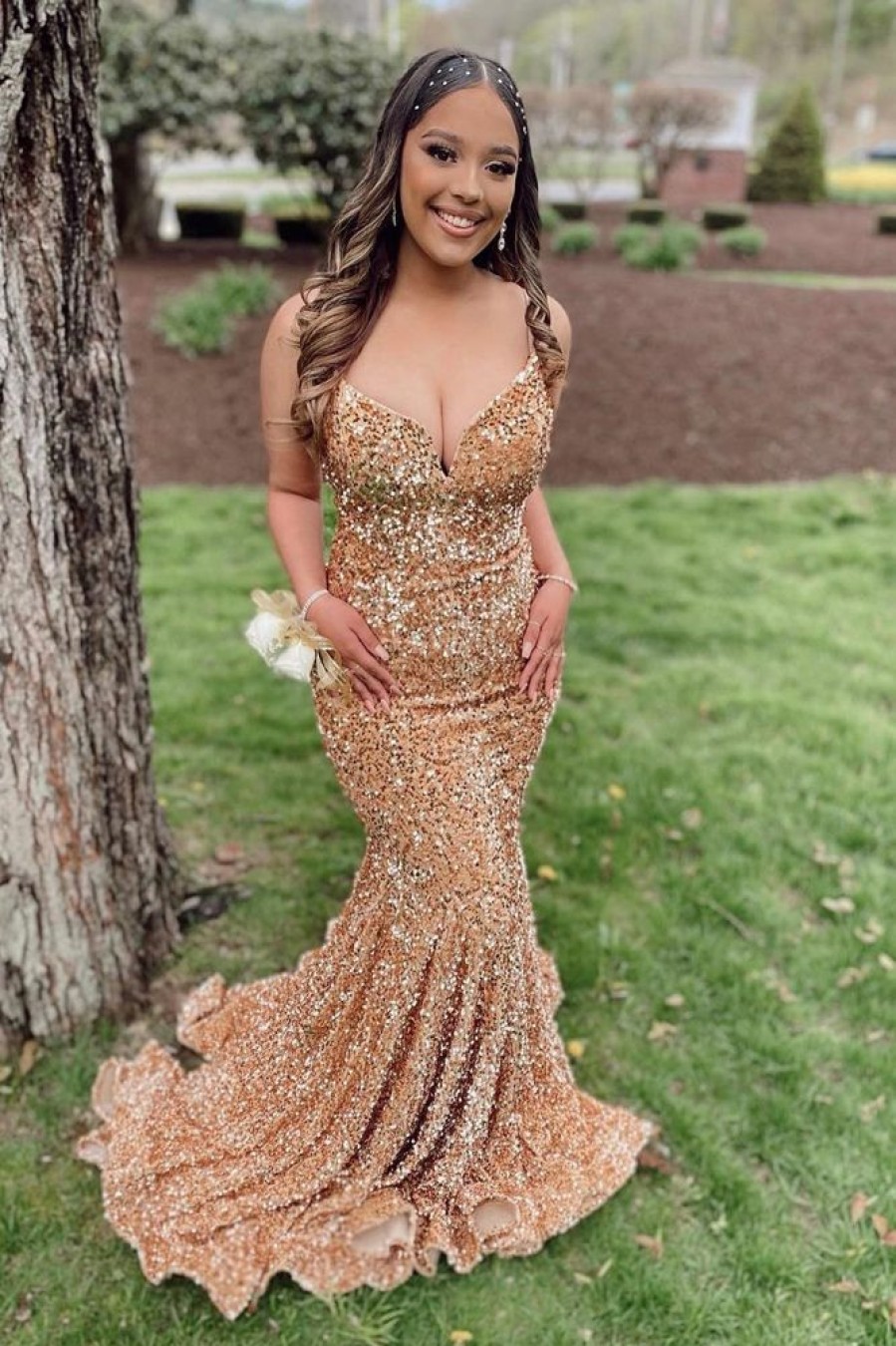 Homrain Spaghetti Straps Sequins Mermaid Prom Dress | Gold Prom Dresses