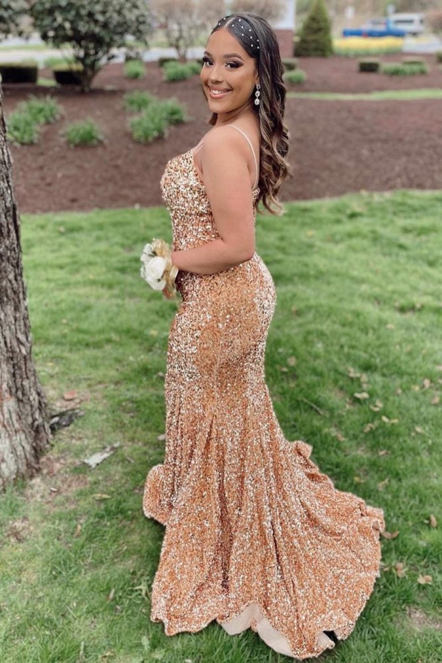 Homrain Spaghetti Straps Sequins Mermaid Prom Dress | Gold Prom Dresses