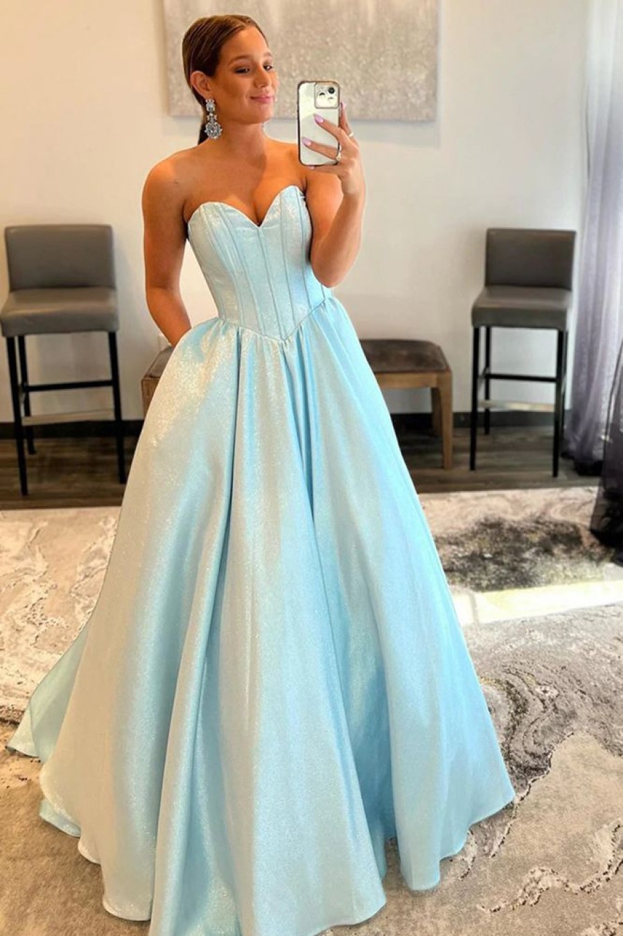 Homrain A-Line Sweetheart Strapless Long Prom Dress | Blue Prom Dresses