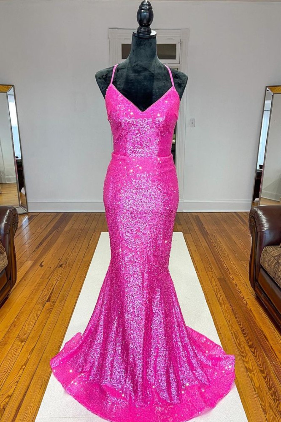 Homrain Mermaid Backless Sequined Prom Dress | Hot Pink Prom Dresses