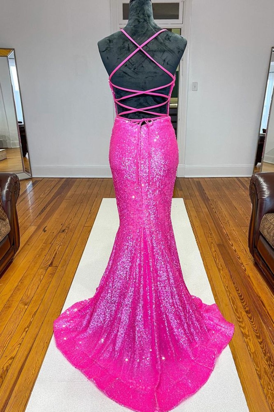 Homrain Mermaid Backless Sequined Prom Dress | Hot Pink Prom Dresses