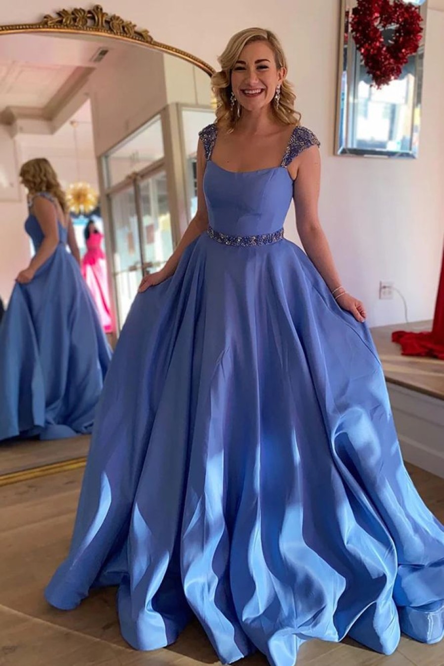 Homrain A-Line Cap Sleeves Long Prom Dress With Beading | Blue Prom Dresses