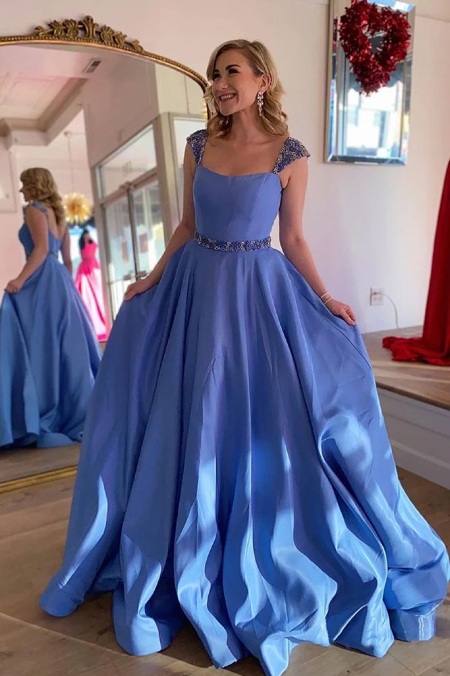 Homrain A-Line Cap Sleeves Long Prom Dress With Beading | Blue Prom Dresses