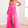 Homrain Two Piece Spaghetti Straps Prom Dress With Split Front | Hot Pink Prom Dresses