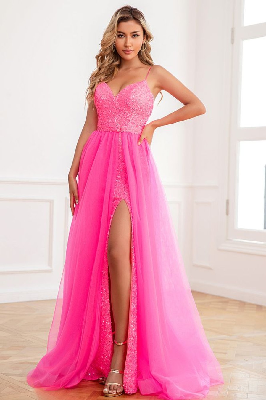 Homrain Two Piece Spaghetti Straps Prom Dress With Split Front | Hot Pink Prom Dresses