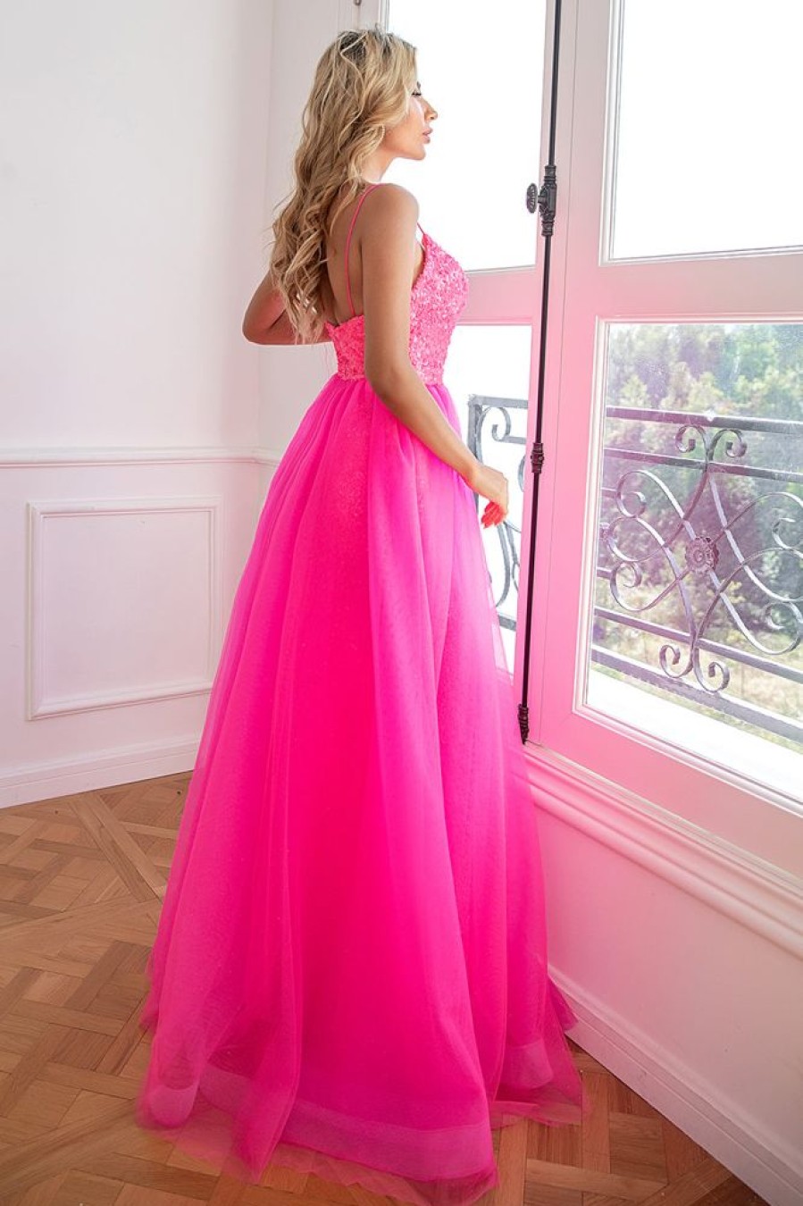 Homrain Two Piece Spaghetti Straps Prom Dress With Split Front | Hot Pink Prom Dresses