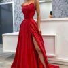 Homrain A Line Spaghetti Straps Long Prom Dress With Split Front | Red Prom Dresses