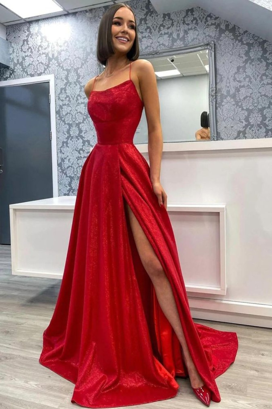 Homrain A Line Spaghetti Straps Long Prom Dress With Split Front | Red Prom Dresses